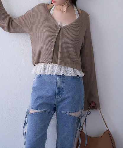 【one after another】珠飾紐扣亮絲透視開衫