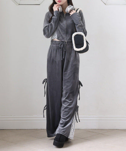 側邊蕾絲天鵝絨蝴蝶結長褲