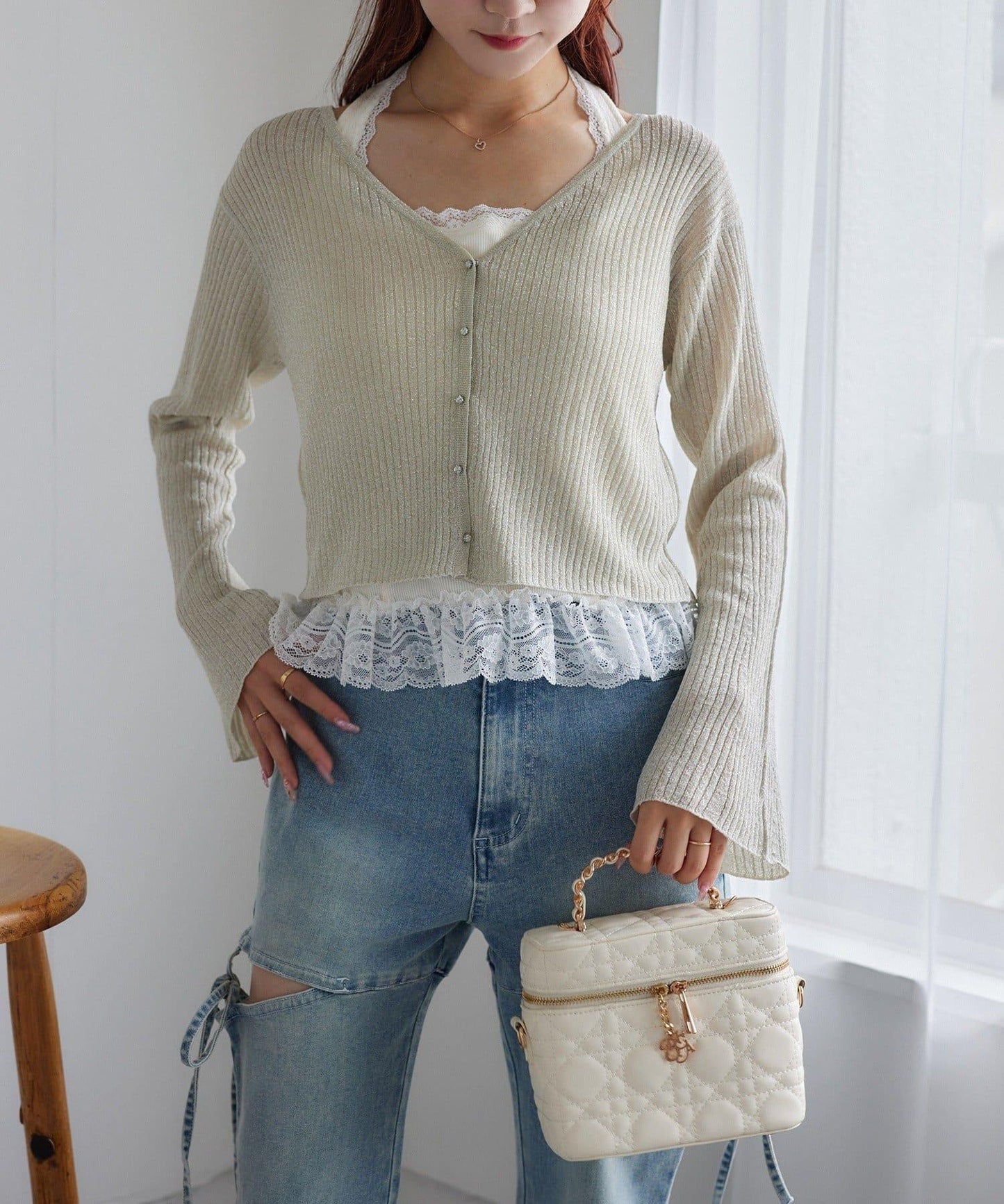 【one after another】珠飾紐扣亮絲透視開衫