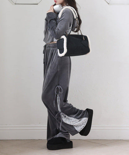 側邊蕾絲天鵝絨蝴蝶結長褲