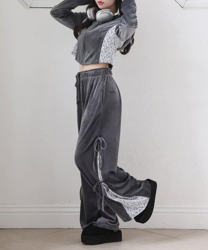 側邊蕾絲天鵝絨蝴蝶結長褲