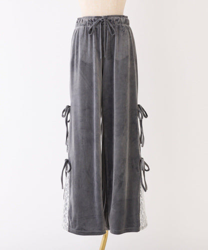 側邊蕾絲天鵝絨蝴蝶結長褲