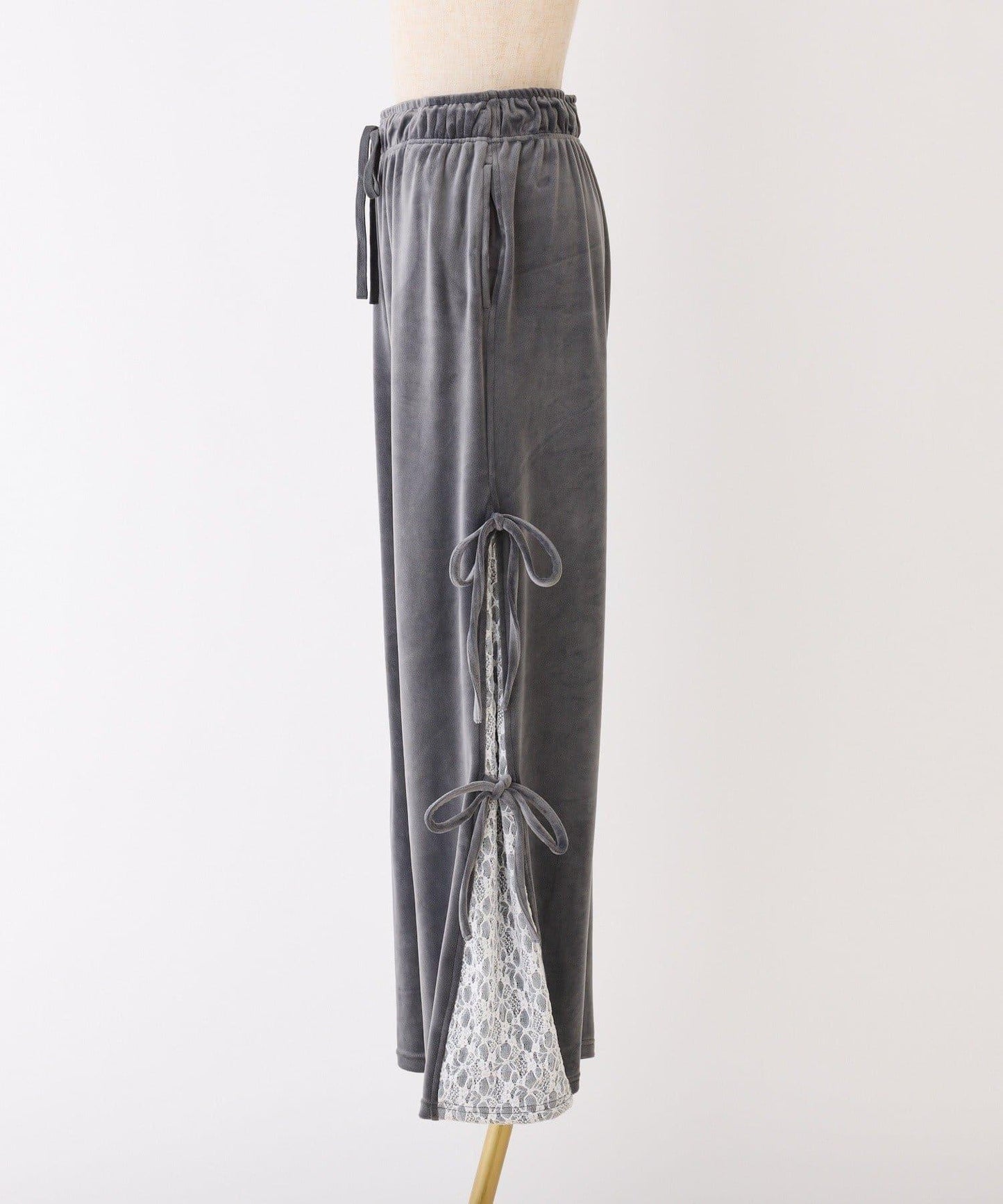 側邊蕾絲天鵝絨蝴蝶結長褲