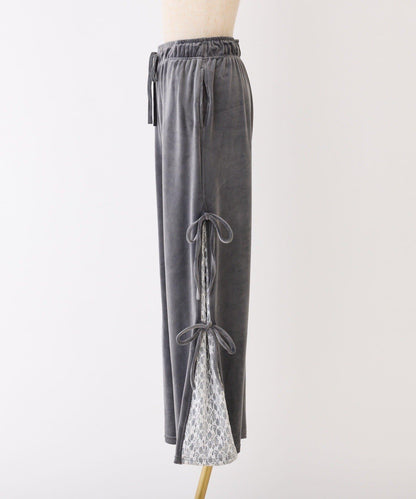 側邊蕾絲天鵝絨蝴蝶結長褲