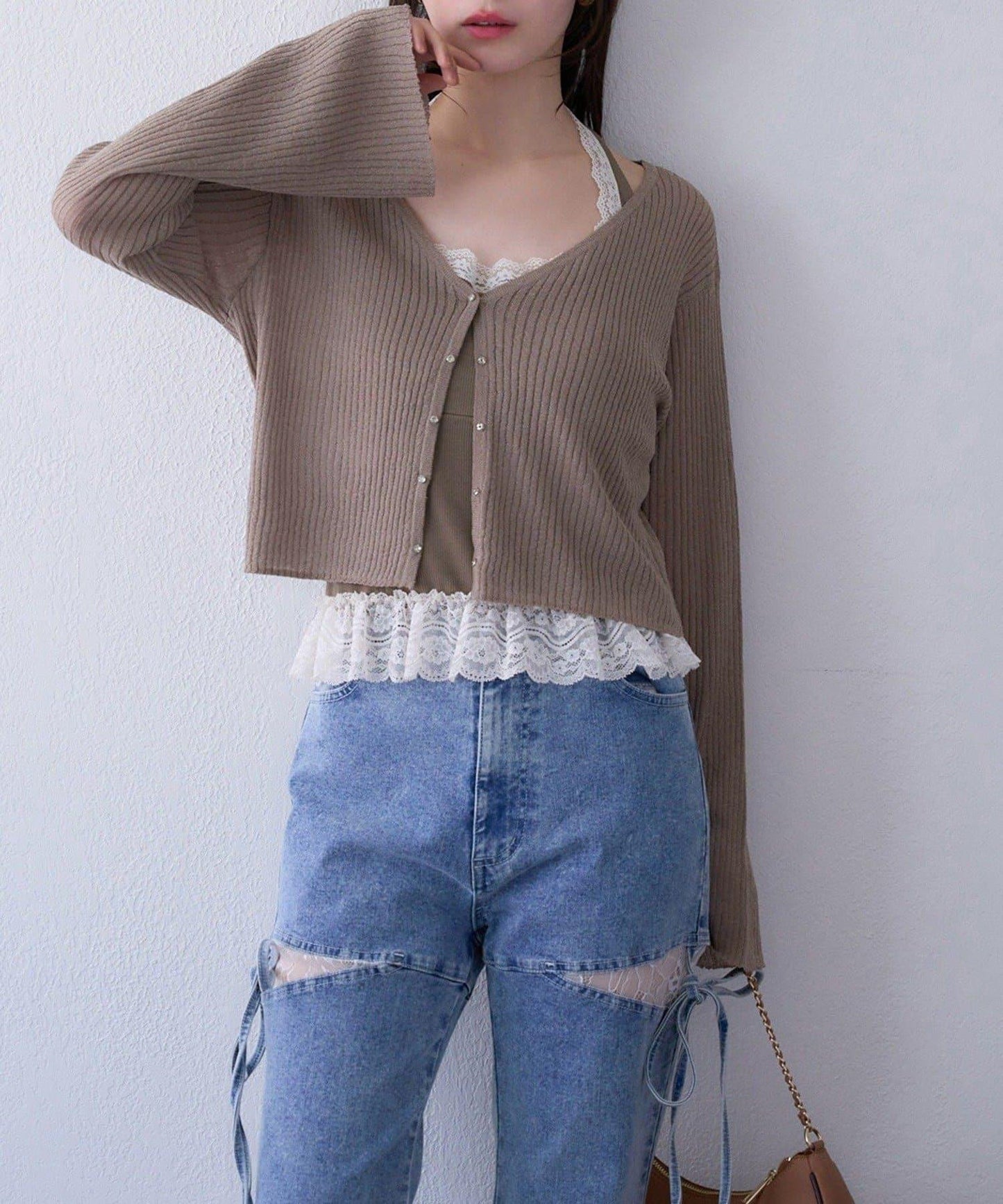 【one after another】珠飾紐扣亮絲透視開衫