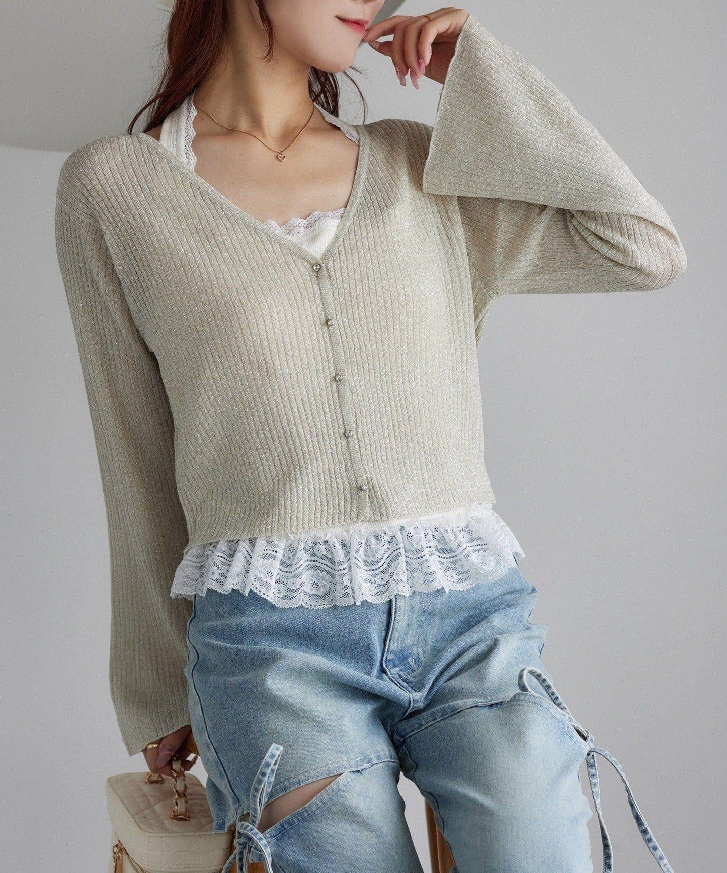 【one after another】珠飾紐扣亮絲透視開衫