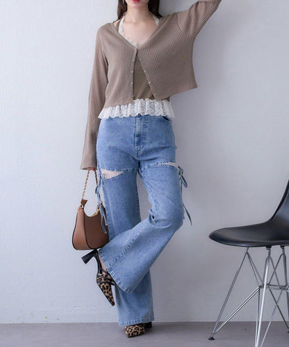 【one after another】珠飾紐扣亮絲透視開衫