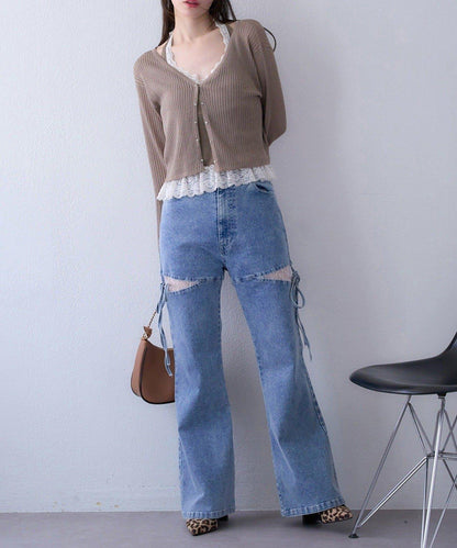 【one after another】珠飾紐扣亮絲透視開衫