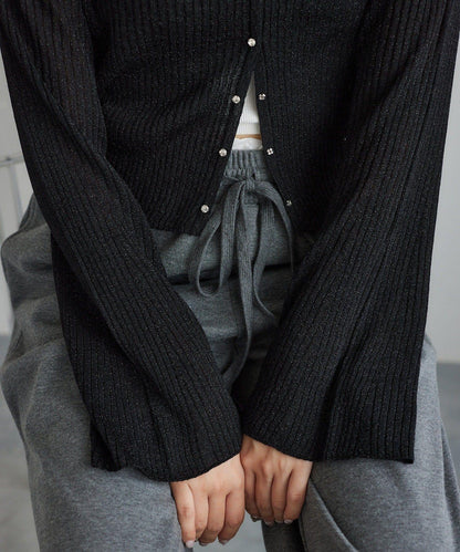 【one after another】珠飾紐扣亮絲透視開衫