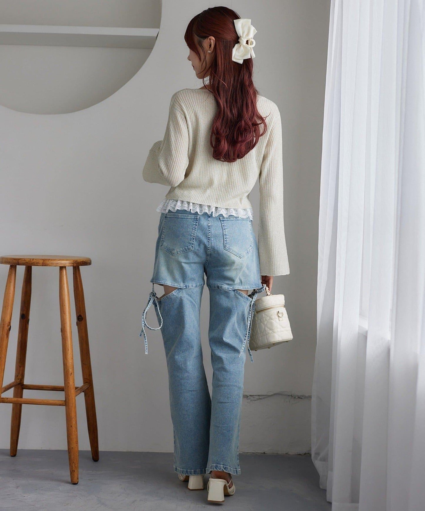 【one after another】珠飾紐扣亮絲透視開衫