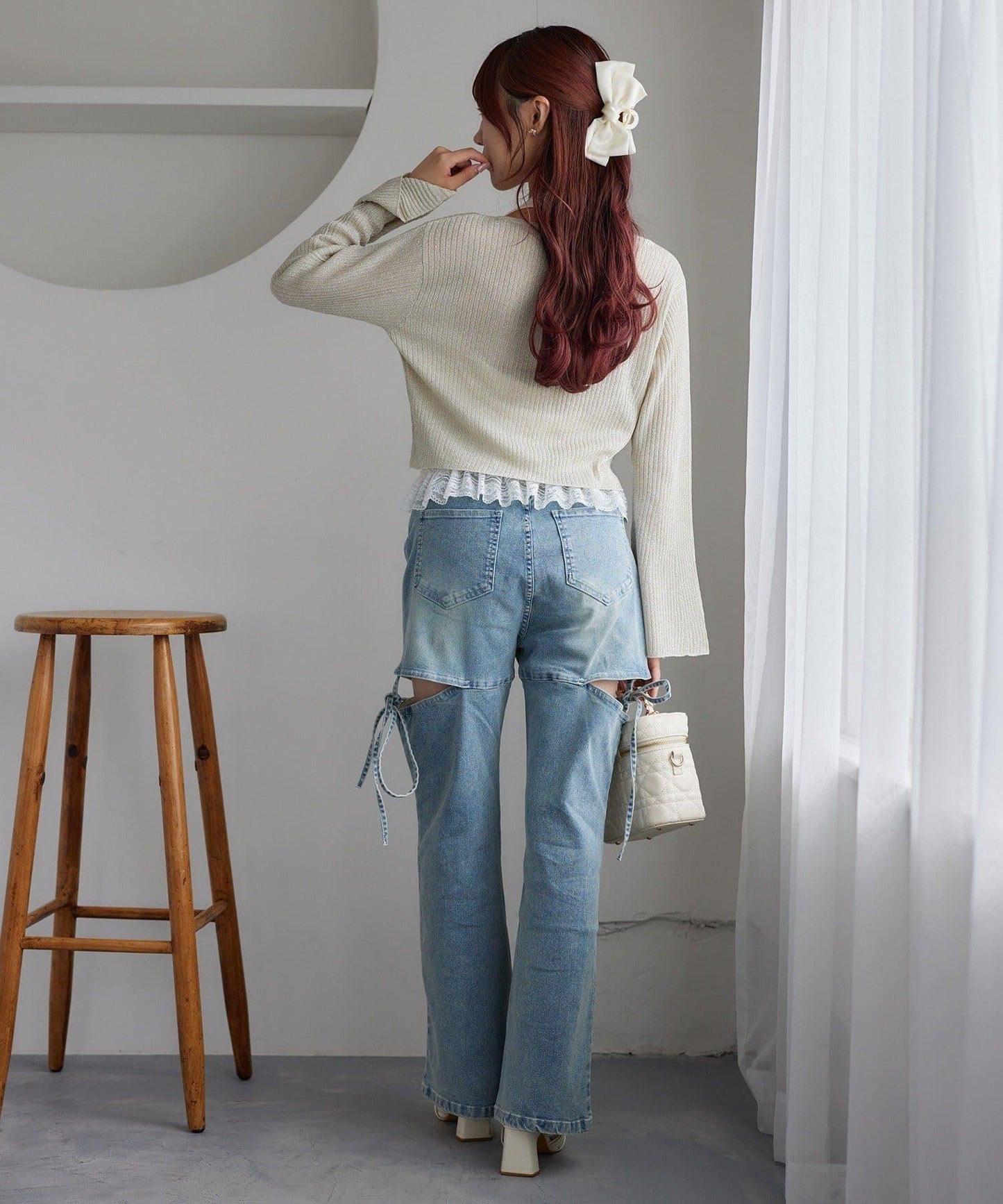 【one after another】珠飾紐扣亮絲透視開衫