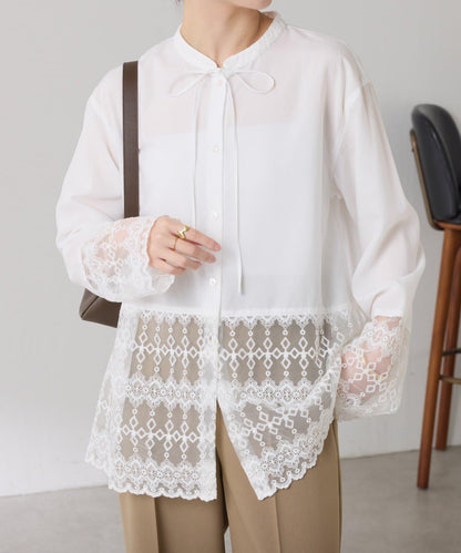 【推薦疊穿】蝴蝶結領下襬蕾絲拼接襯衫