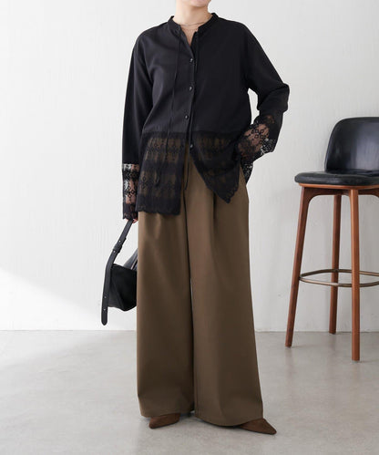 【推薦疊穿】蝴蝶結領下襬蕾絲拼接襯衫