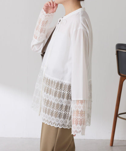 【推薦疊穿】蝴蝶結領下襬蕾絲拼接襯衫