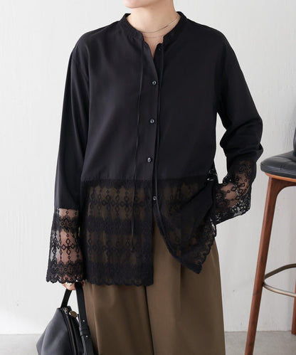 【推薦疊穿】蝴蝶結領下襬蕾絲拼接襯衫