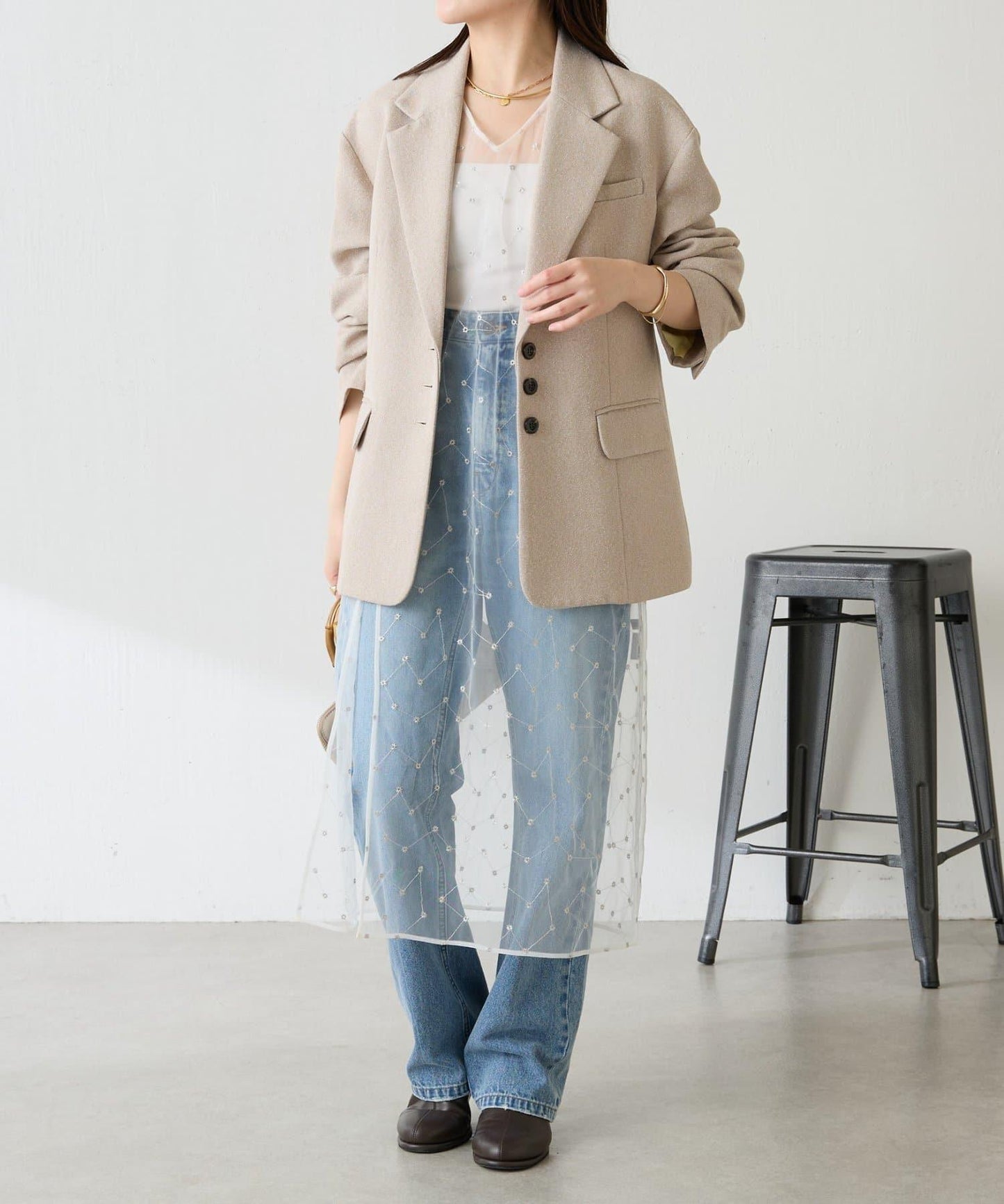 【帶內襯】粗花呢寬鬆夾克