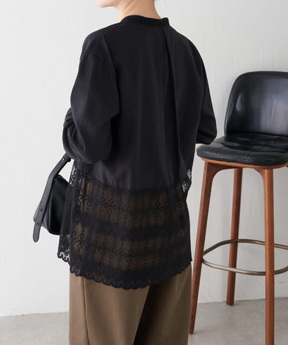 【推薦疊穿】蝴蝶結領下襬蕾絲拼接襯衫