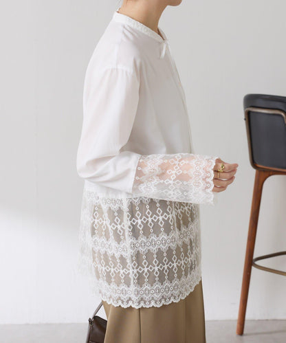 【推薦疊穿】蝴蝶結領下襬蕾絲拼接襯衫