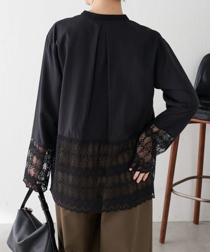 【推薦疊穿】蝴蝶結領下襬蕾絲拼接襯衫