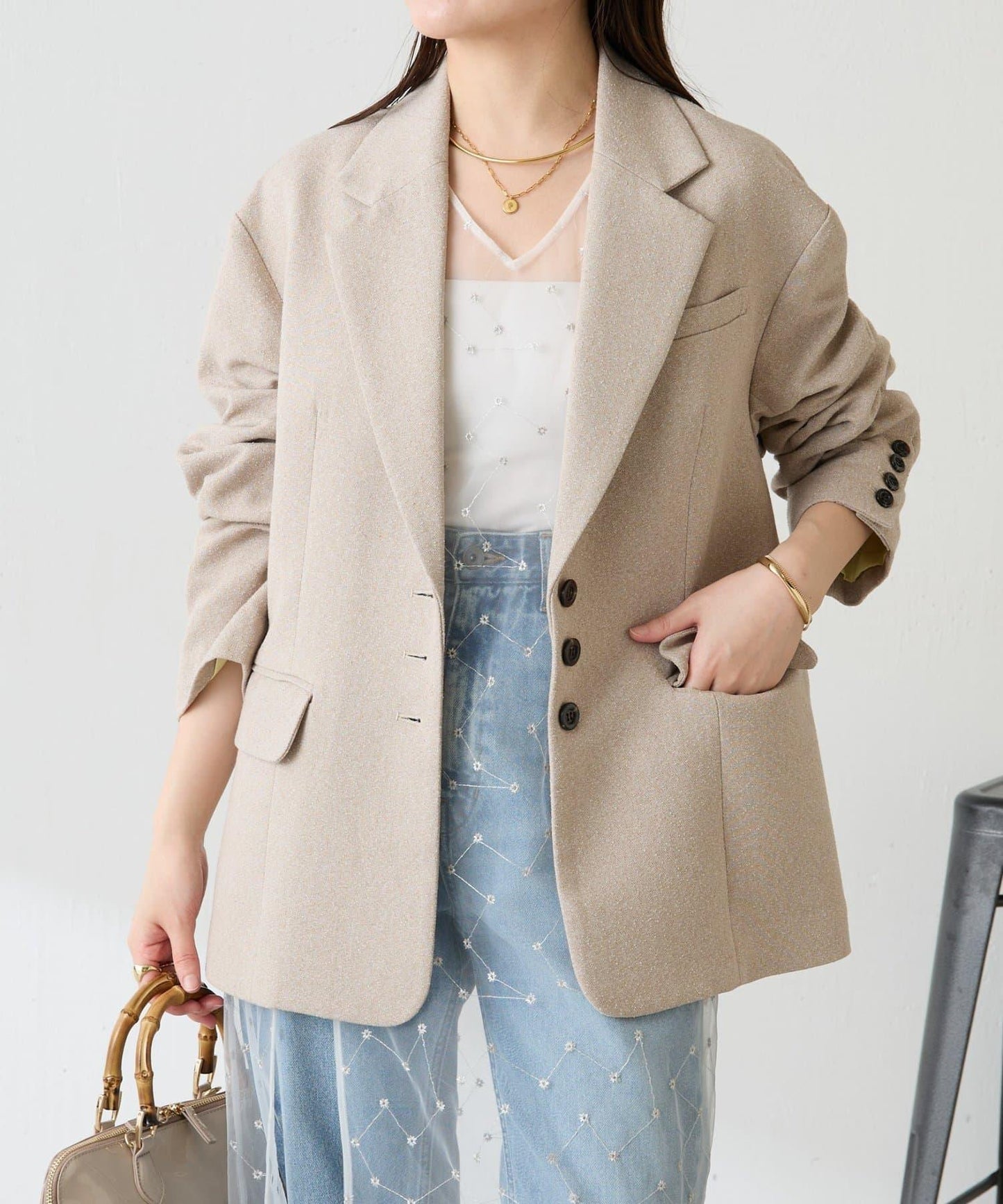 【帶內襯】粗花呢寬鬆夾克