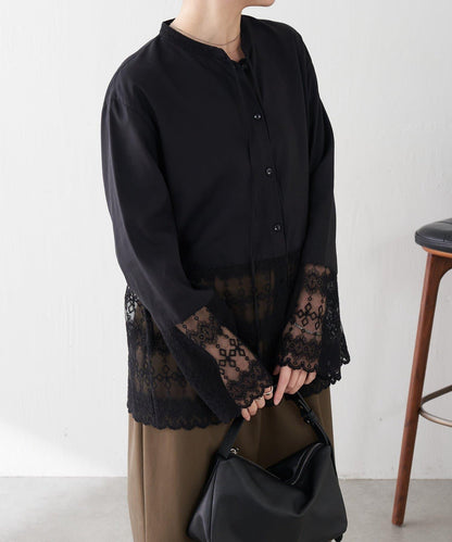 【推薦疊穿】蝴蝶結領下襬蕾絲拼接襯衫