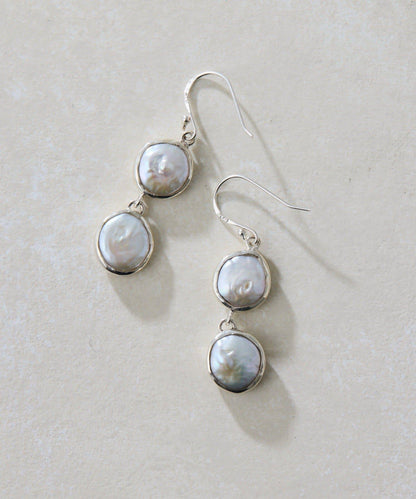 《スターリングシルバー使用》雙層平圓淡水珍珠耳釘