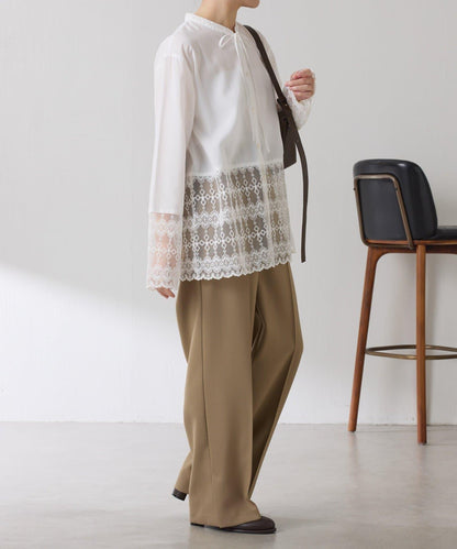 【推薦疊穿】蝴蝶結領下襬蕾絲拼接襯衫