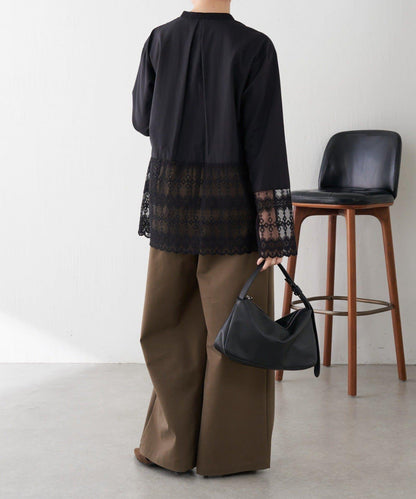 【推薦疊穿】蝴蝶結領下襬蕾絲拼接襯衫