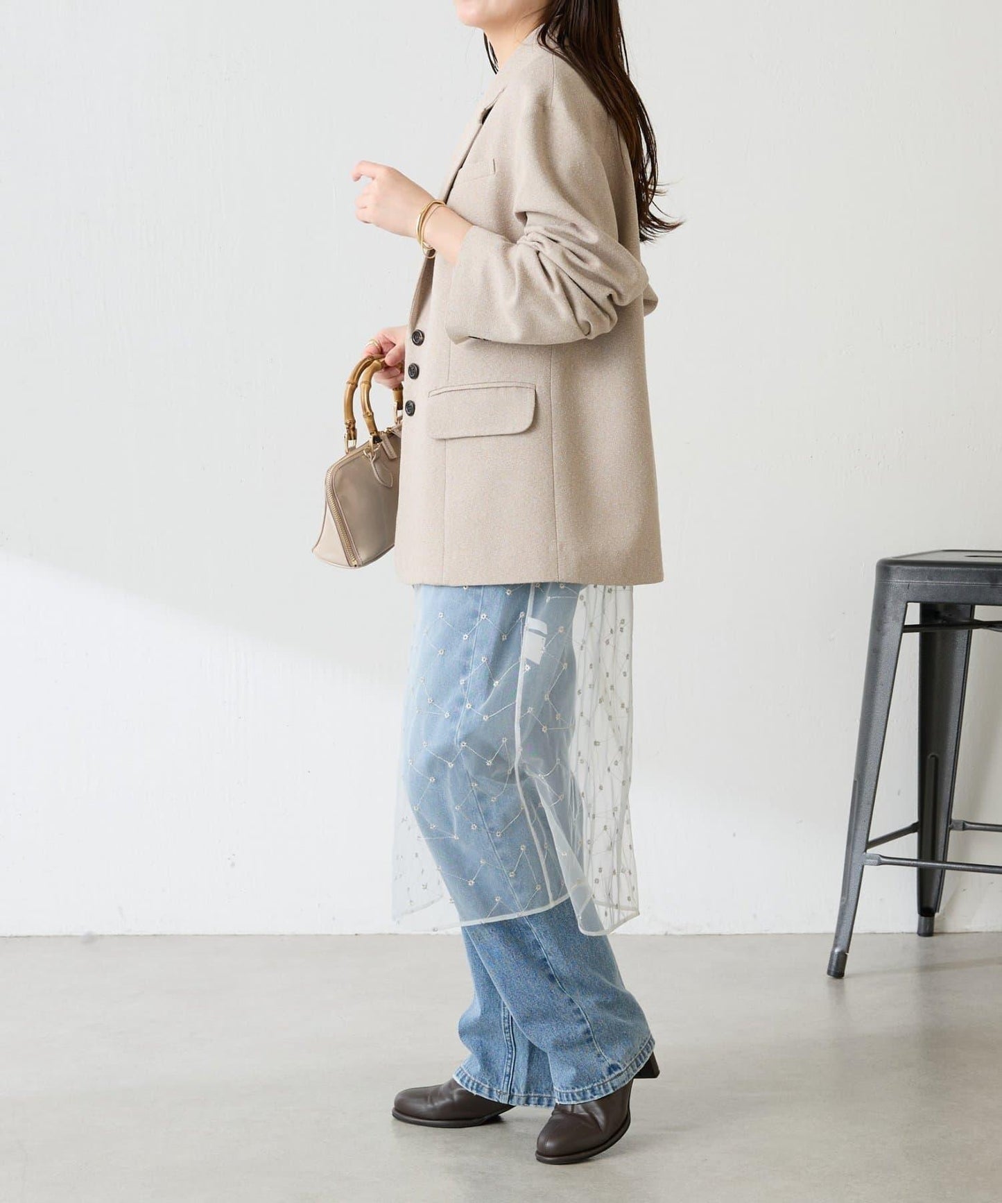 【帶內襯】粗花呢寬鬆夾克