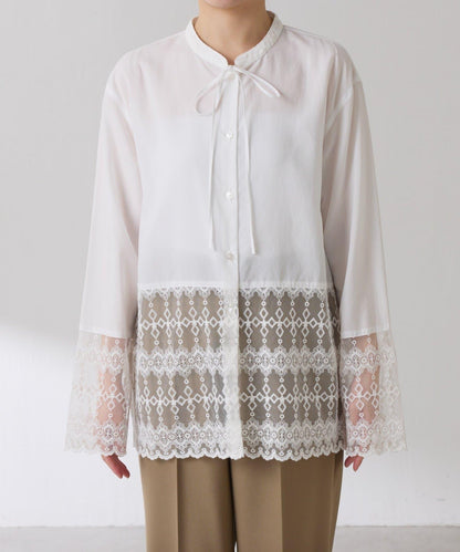 【推薦疊穿】蝴蝶結領下襬蕾絲拼接襯衫