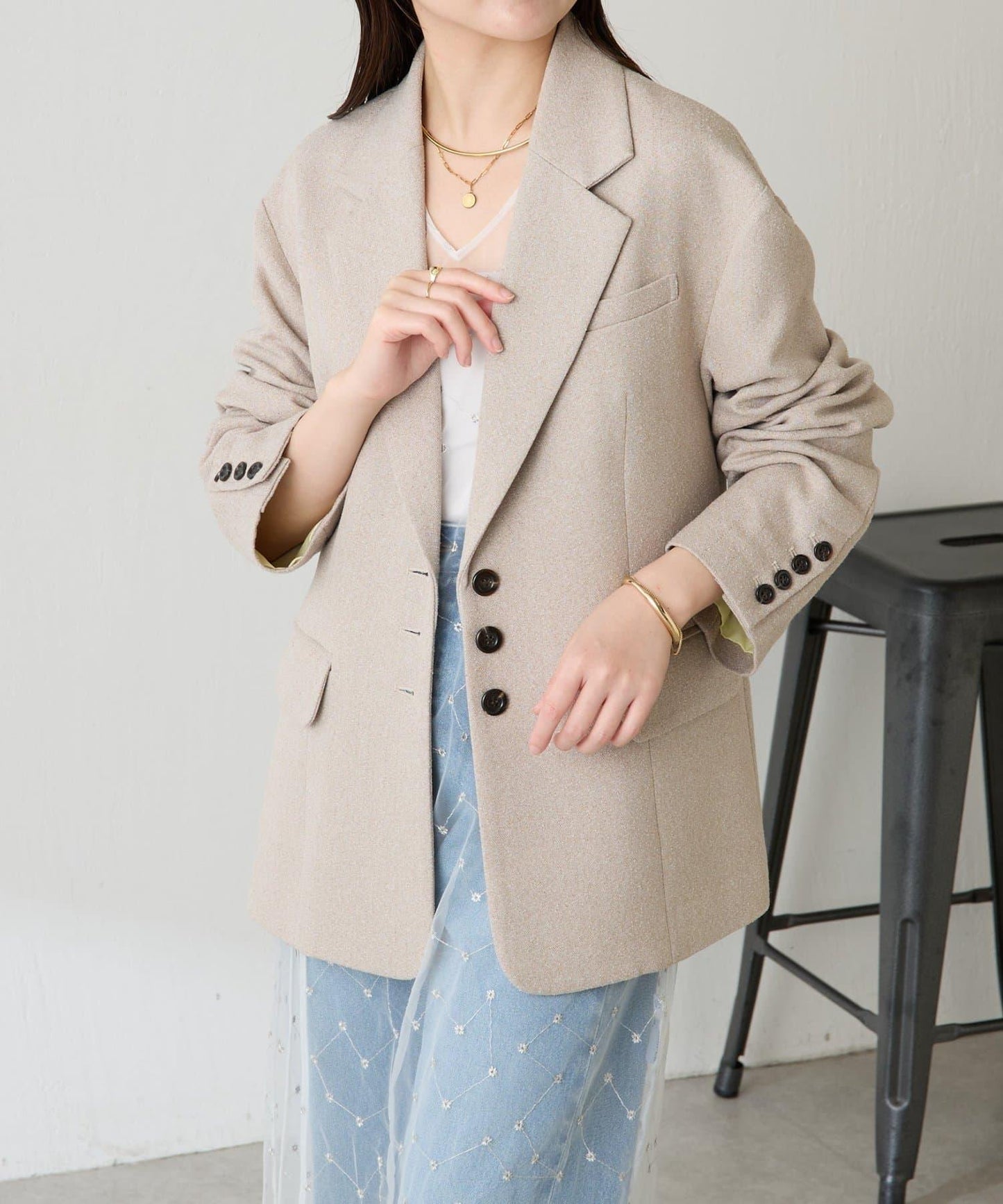 【帶內襯】粗花呢寬鬆夾克