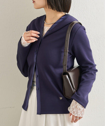 緞面拼接針織連帽衛衣