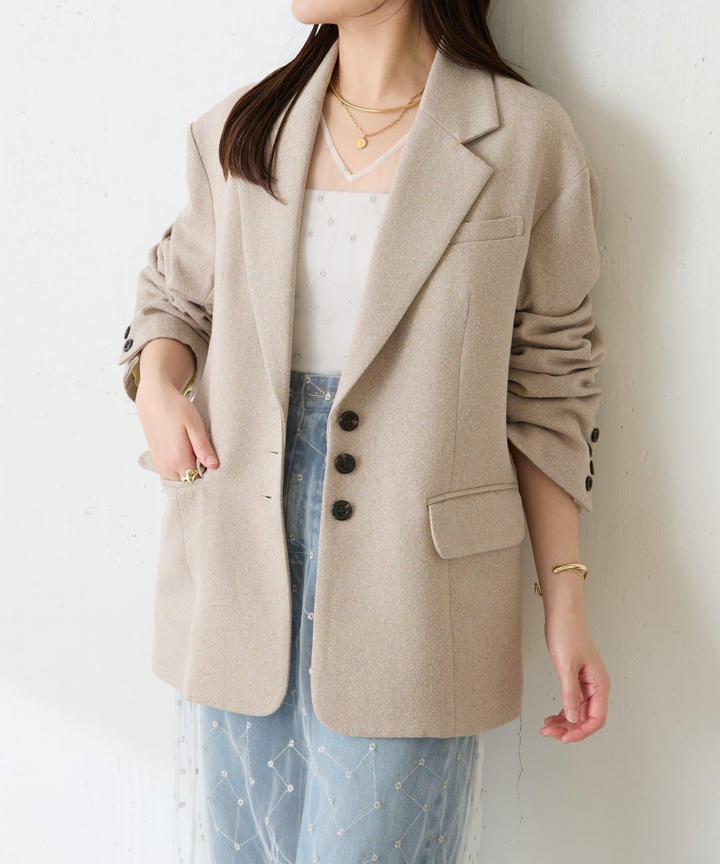 【帶內襯】粗花呢寬鬆夾克