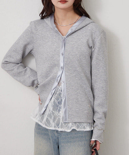 緞面拼接針織連帽衛衣