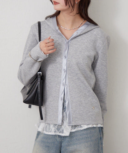 緞面拼接針織連帽衛衣