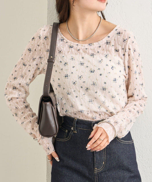 蕾絲花卉圖案透視長袖T恤