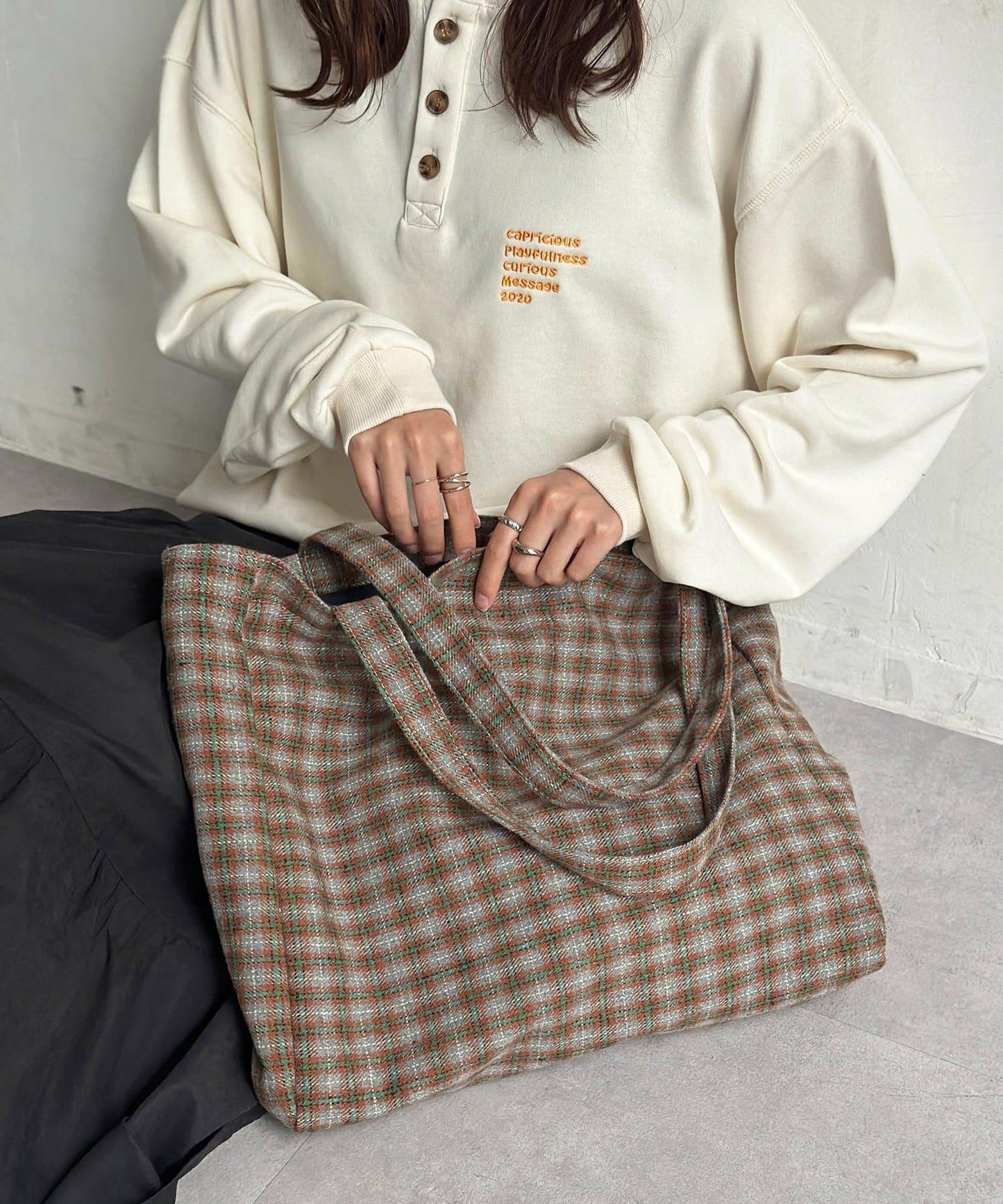 磨毛格紋托特包