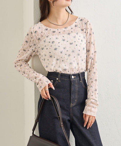 蕾絲花卉圖案透視長袖T恤