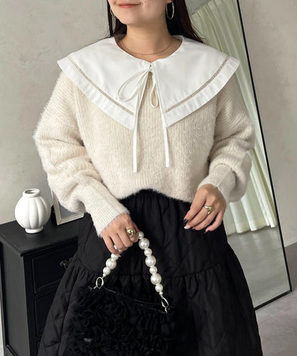 背部金屬裝飾船領長毛針織衫