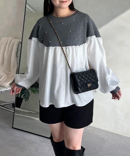 露肩珍珠裝飾拼接針織衫