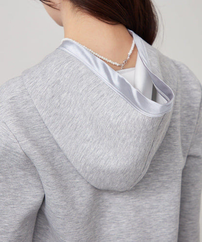 緞面拼接針織連帽衛衣