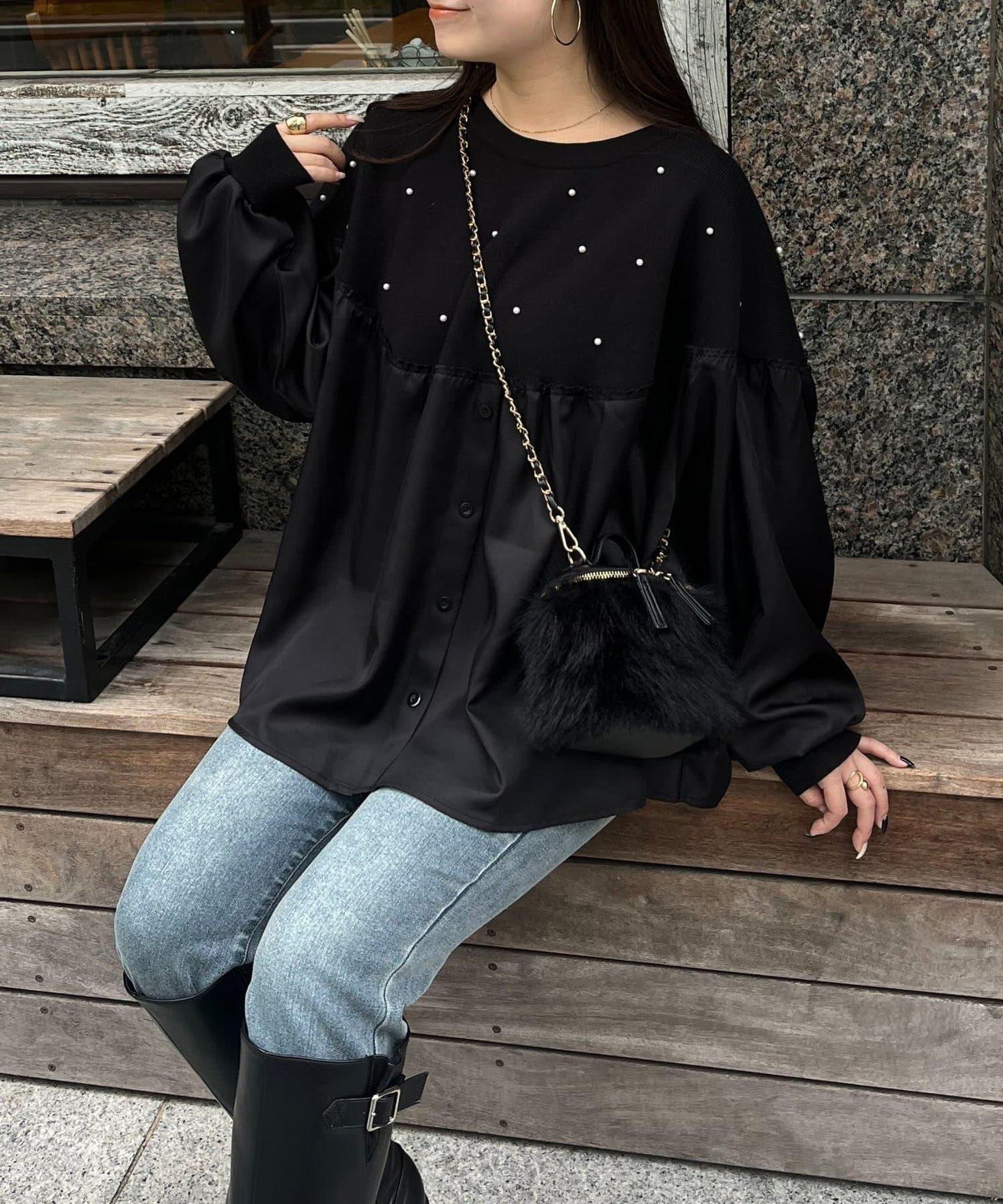 露肩珍珠裝飾拼接針織衫