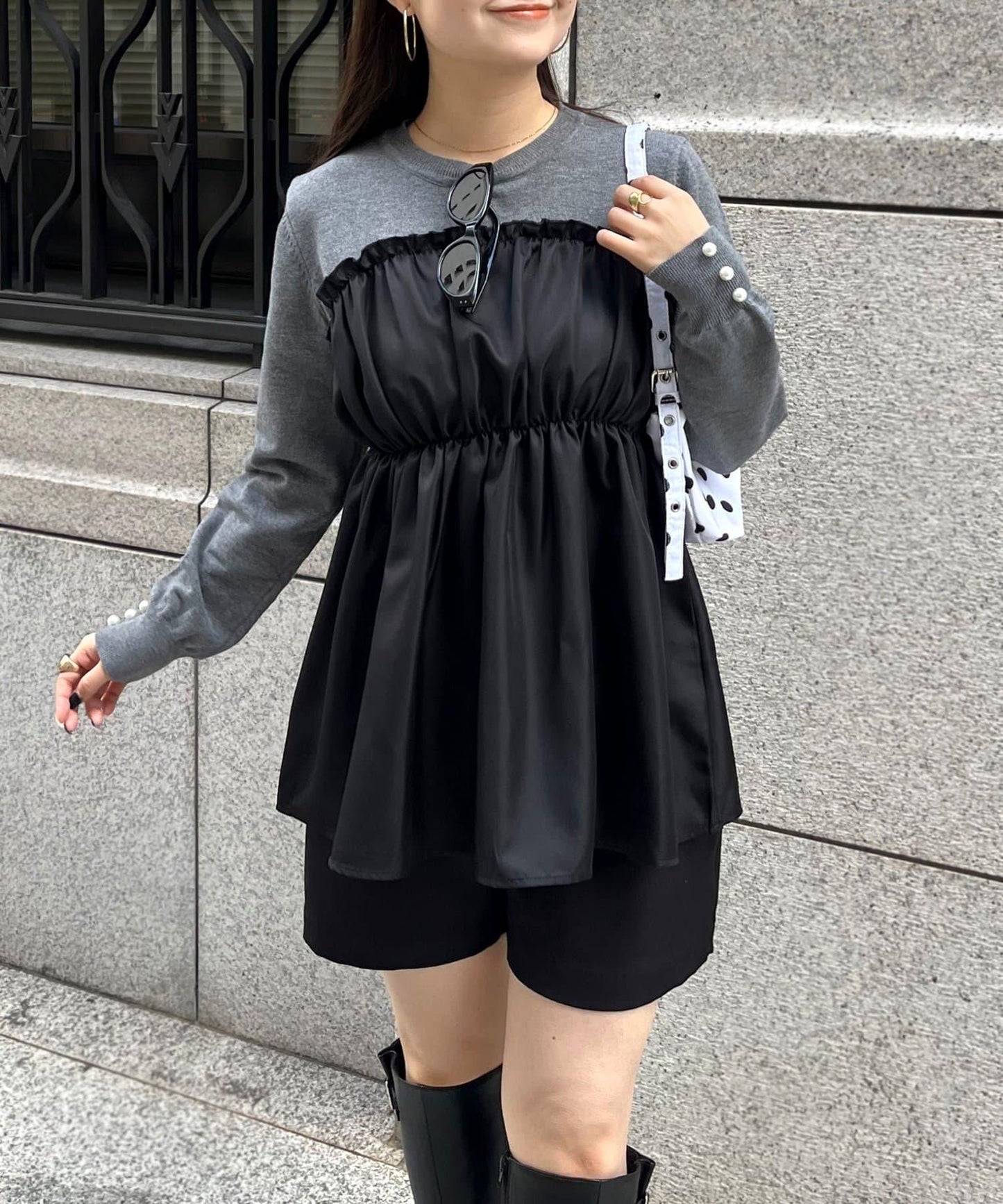 褶皺吊帶拼接荷葉邊針織衫