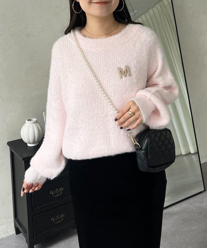 背部金屬裝飾船領長毛針織衫