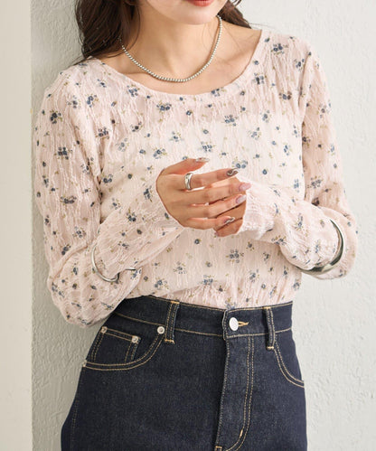 蕾絲花卉圖案透視長袖T恤