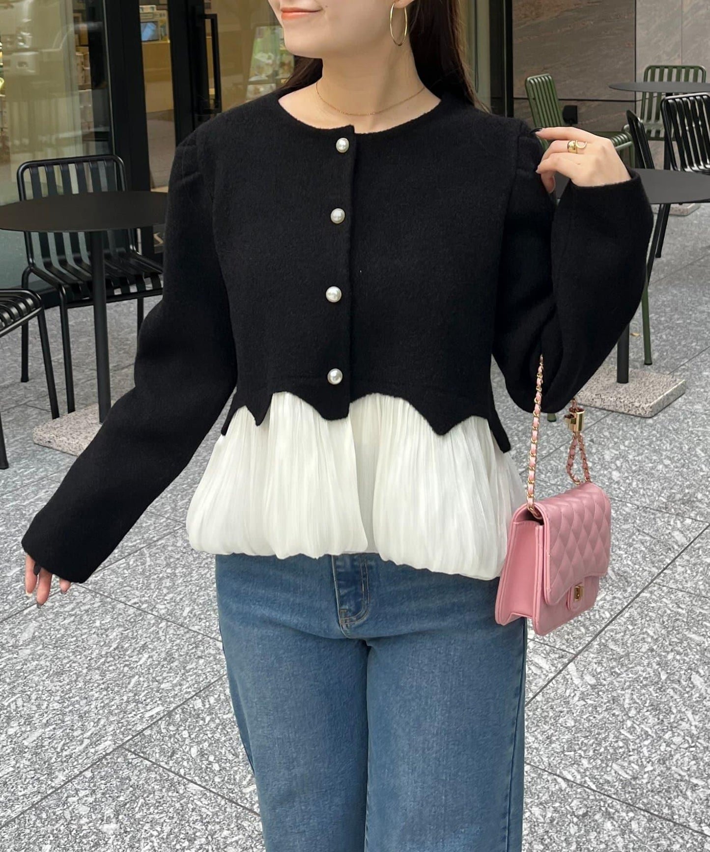 下襬氣球珍珠紐扣拼接荷葉邊針織衫