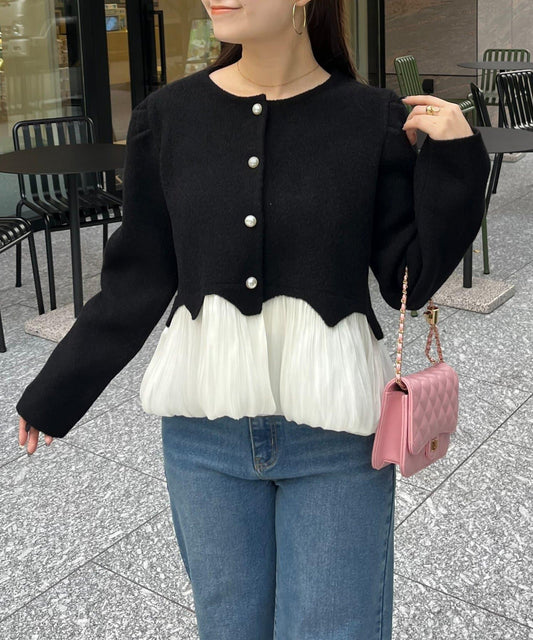 下襬氣球珍珠紐扣拼接荷葉邊針織衫