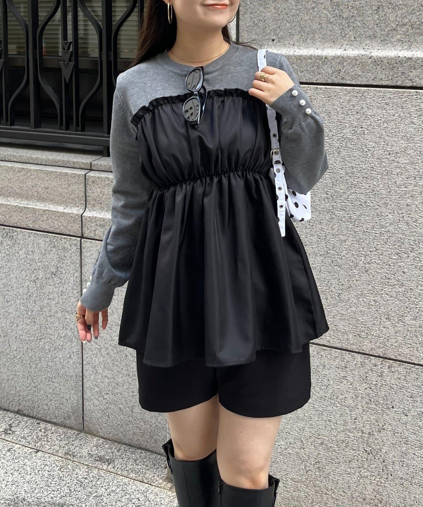 褶皺吊帶拼接荷葉邊針織衫