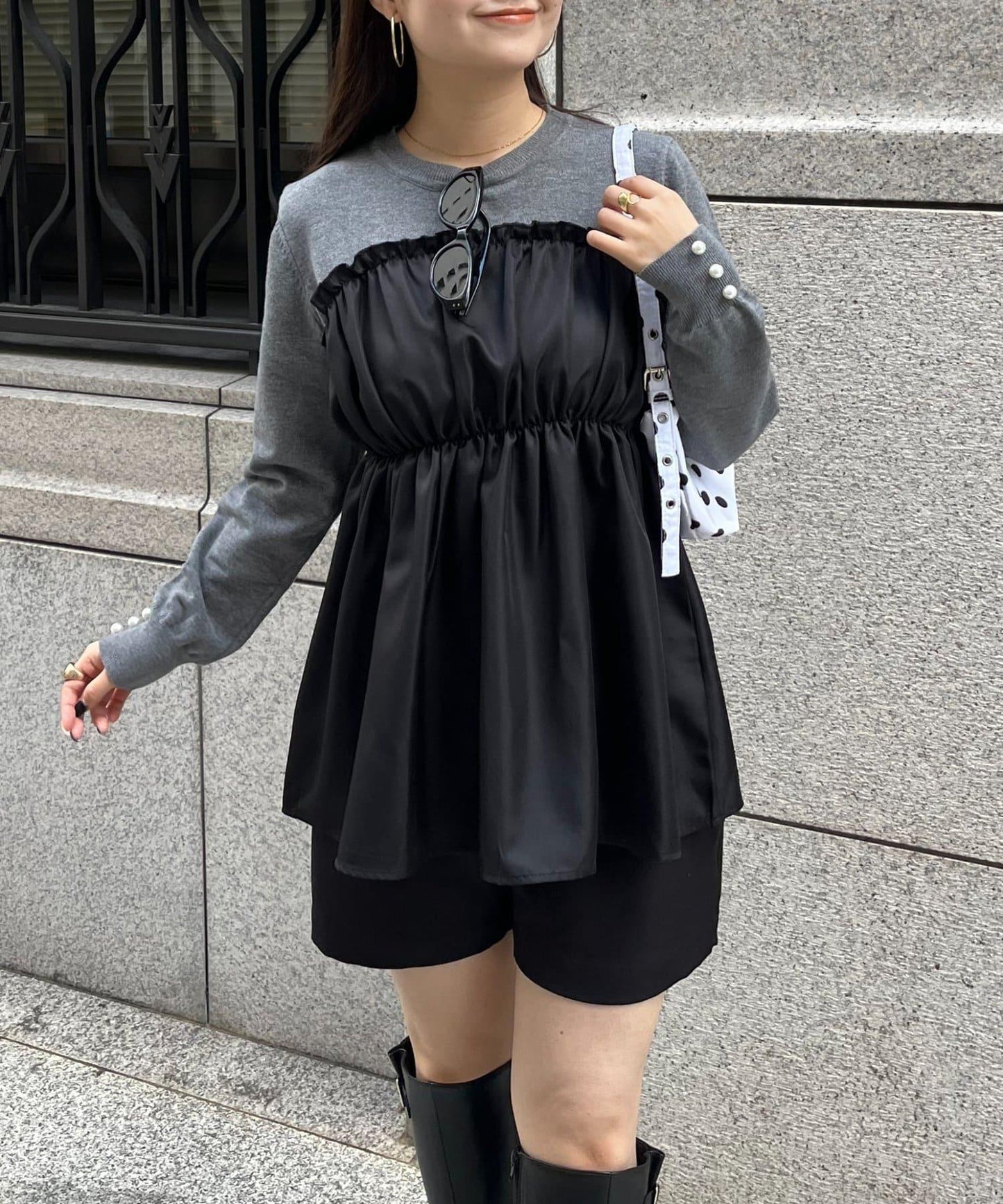 褶皺吊帶拼接荷葉邊針織衫