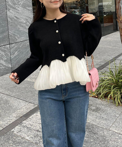 下襬氣球珍珠紐扣拼接荷葉邊針織衫